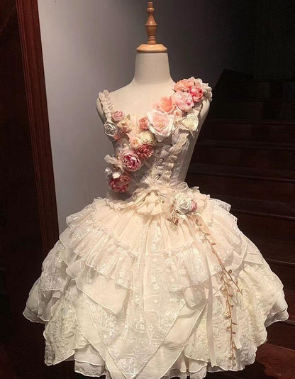 Stunning 18th Ball Gown Spaghetti Straps Satin Lace Flower Short Homecoming Dress,Summer Birthday Dress GG4125