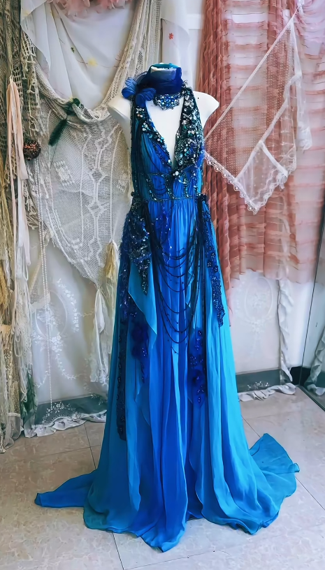 Vintage A Line Halter Royal Blue Chiffon Beads Long Prom Dress,Party Dress,Formal Evening Dress GG4127