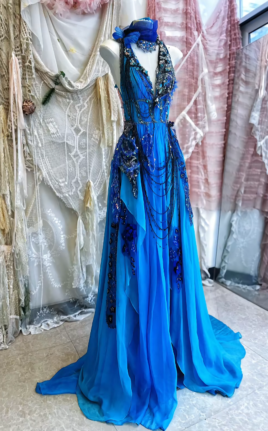 Vintage A Line Halter Royal Blue Chiffon Beads Long Prom Dress,Party Dress,Formal Evening Dress GG4127