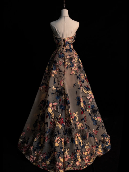 Exquisite A Line Strapless Satin Pattern Long Prom Dress, Evening Dress GG412