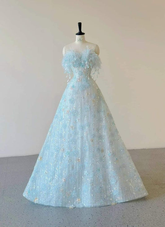 Exquisite A Line Sweetheart With Imitation Feather Beading Sequin Long Prom Dress, Evening Dress GG413