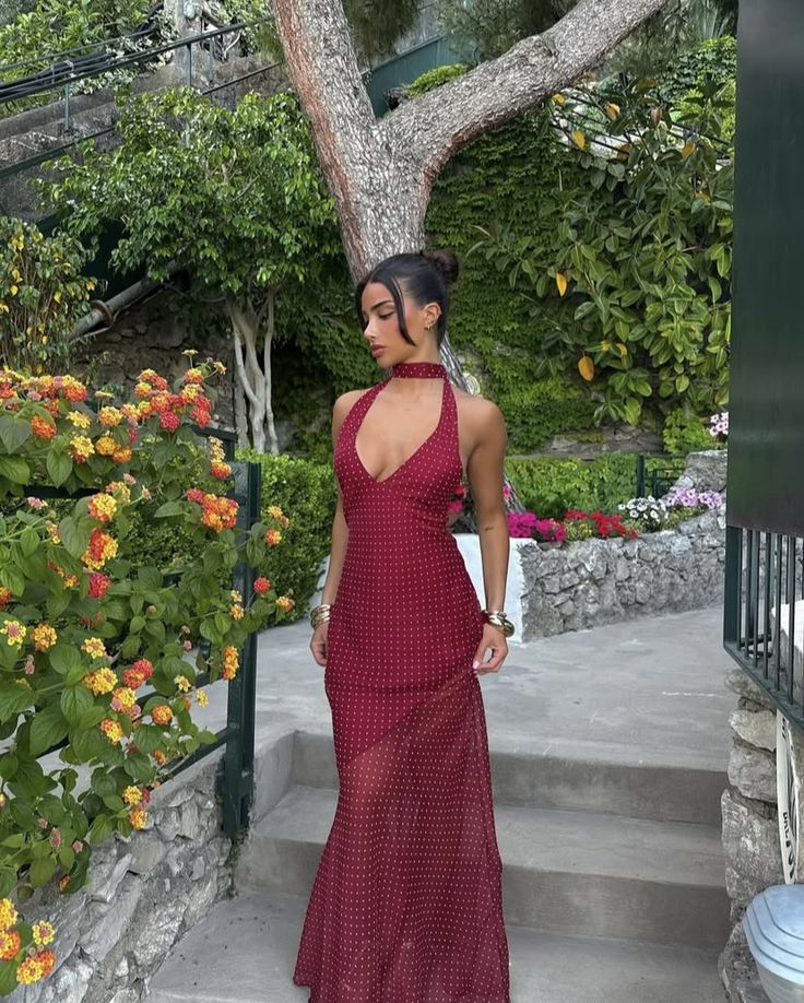 Burgundy Mermaid Halter Chiffon Polka Dots Long Prom Dress,Party Dress,Formal Evening Dress GG4131