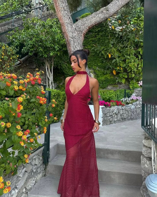 Burgundy Mermaid Halter Chiffon Polka Dots Long Prom Dress,Party Dress,Formal Evening Dress GG4131