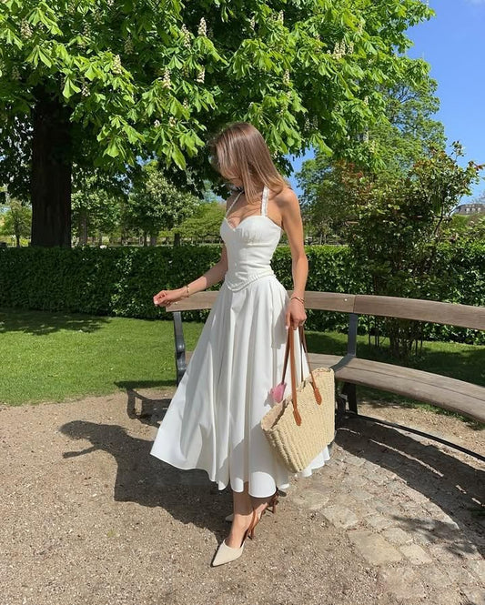 Pretty White A Line Halter Satin Long Prom Dress,Party Dress,Formal Evening Dress GG4134