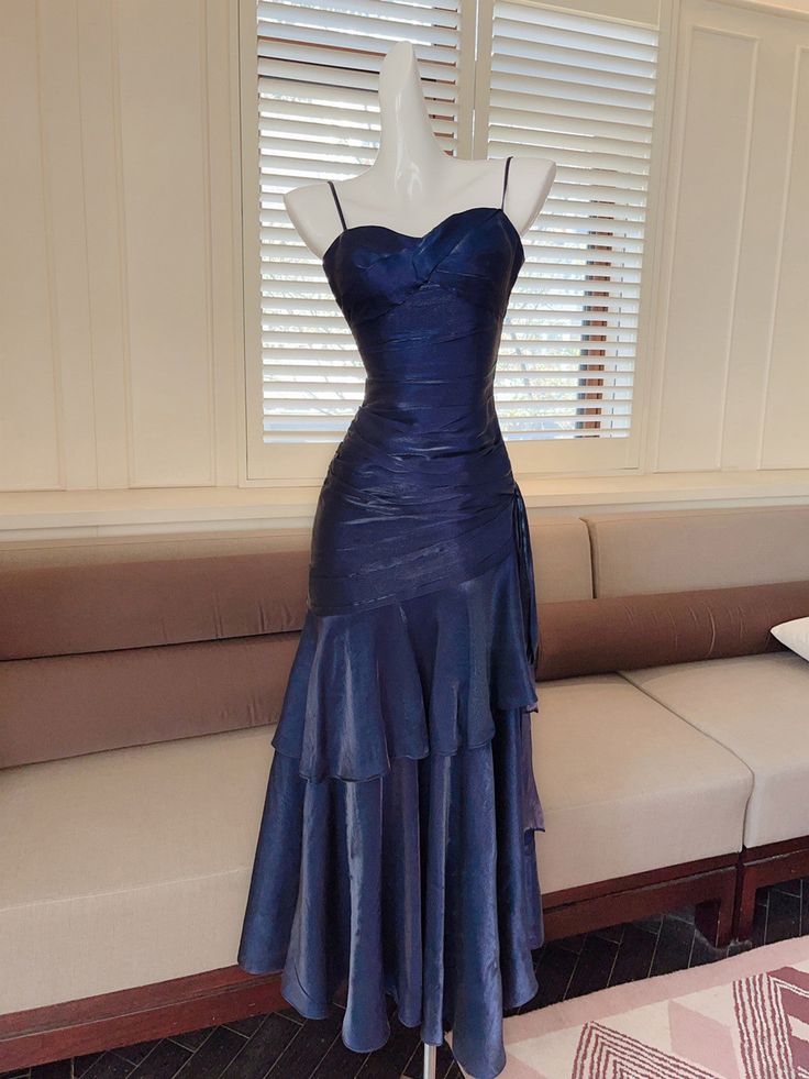 Classy Navy A Line Spaghetti Straps Satin Long Prom Dress,Party Dress,Formal Evening Dress GG4137
