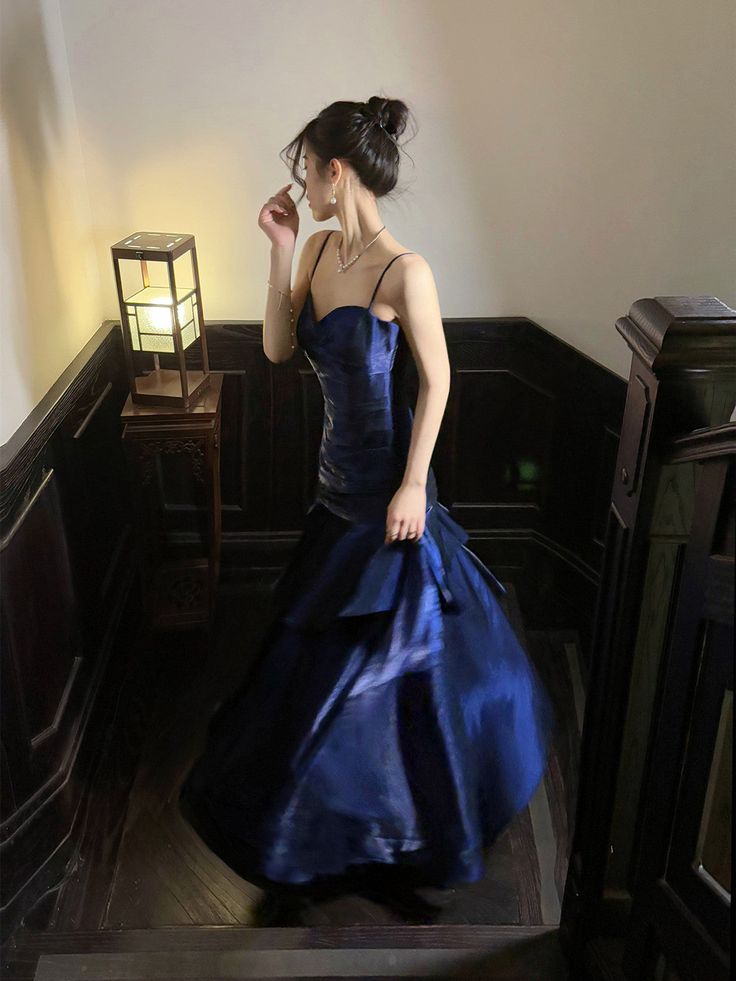 Classy Navy A Line Spaghetti Straps Satin Long Prom Dress,Party Dress,Formal Evening Dress GG4137