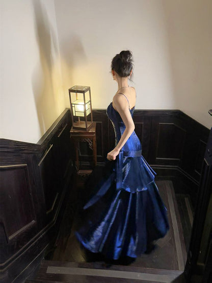 Classy Navy A Line Spaghetti Straps Satin Long Prom Dress,Party Dress,Formal Evening Dress GG4137