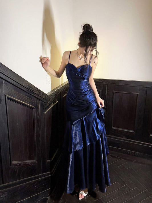 Classy Navy A Line Spaghetti Straps Satin Long Prom Dress,Party Dress,Formal Evening Dress GG4137
