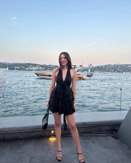 Black A Line Halter Satin Tiered Short Homecoming Dress,Summer 17th Birthday Dress GG4139