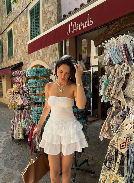 Cute A Line Strapless White Satin Tiered Short Homecoming Dress,Summer 18th Birthday Dress GG4141