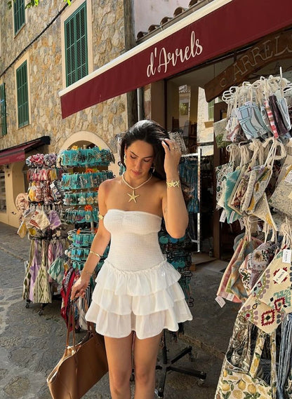 Cute A Line Strapless White Satin Tiered Short Homecoming Dress,Summer 18th Birthday Dress GG4141