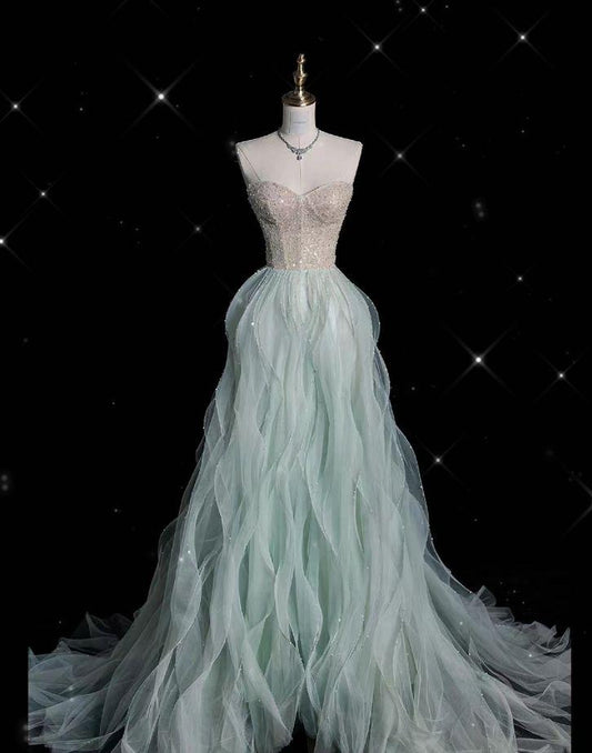 Shiny A Line Sweetheart Beading Tiffany Blue Ripple Tulle Long Prom Dress, Evening Dress GG415