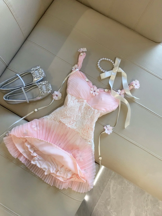 Pink A Line Spaghetti Straps Satin Chiffon Lace Applique Short Homecoming Dress,Summer 17th Birthday Dress GG4157