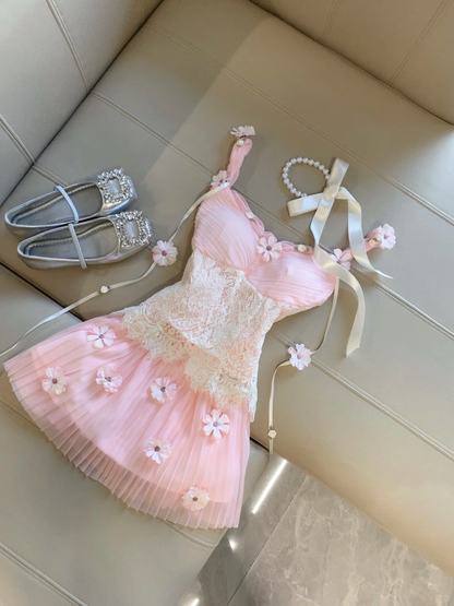 Pink A Line Spaghetti Straps Satin Chiffon Lace Applique Short Homecoming Dress,Summer 17th Birthday Dress GG4157