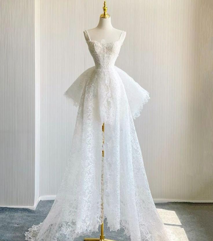 Elegant A Line Spaghetti Straps White Applique Lace Long Prom Dress, Evening Dress GG416