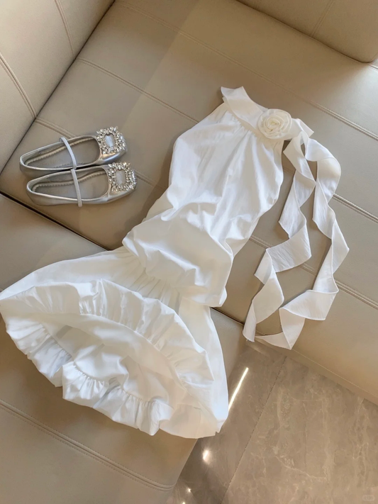 Simple A Line Halter Satin Flower Short Homecoming Dress,Summer 18th Birthday Dress GG4165