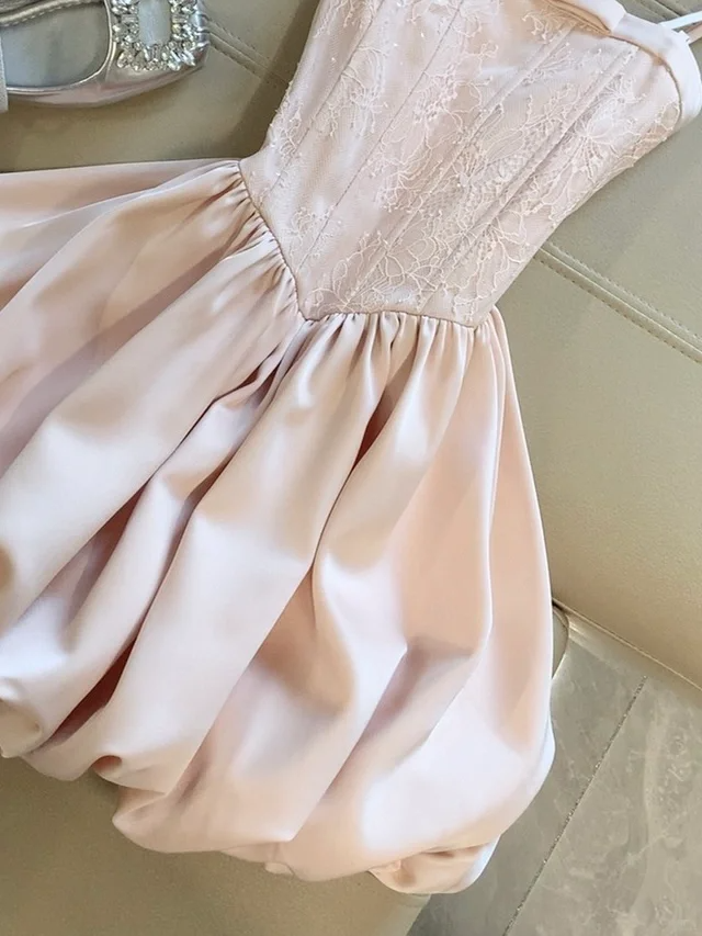 Pink A Line Spaghetti Straps Satin Lace Short Homecoming Dress,Summer 19th Birthday Dress GG4166