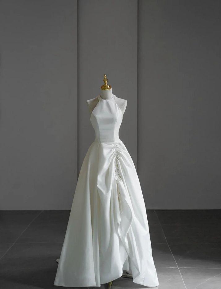 Elegant A Line Halter White Satin Long Prom Dress, Evening Dress GG418