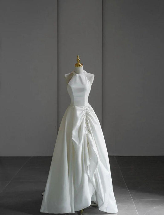 Elegant A Line Halter White Satin Long Prom Dress, Evening Dress GG418