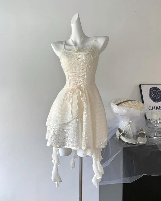 Sparkly A Line Spaghetti Straps Satin Sequin Short Homecoming Dress,Summer 19th Birthday Dress GG4190