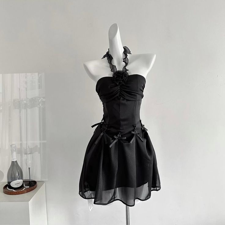 Chic A Line Halter Black Satin Chiffon Bow Short Homecoming Dress,Summer 19th Birthday Dress GG4191