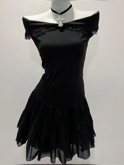Classy A Line Off The Shoulder Black Satin Lace Short Homecoming Dress,Summer 17th Birthday Dress GG4193