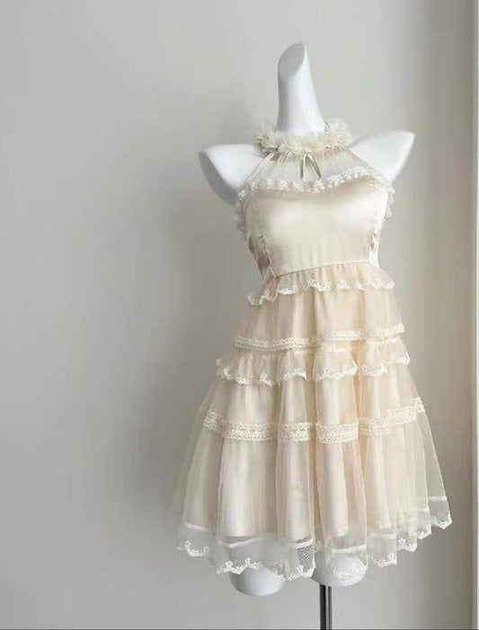 Princess A Line Halter Satin Tulle Lace Tiered Short Homecoming Dress,Summer 16th Birthday Dress GG4196