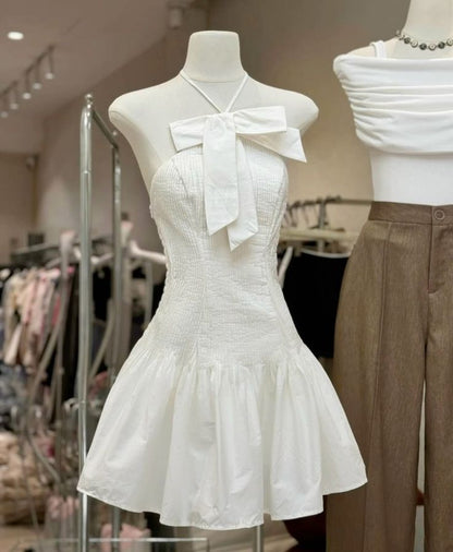 Cute White A Line Halter Satin Short Homecoming Dress,Summer 19th Birthday Dress GG4202