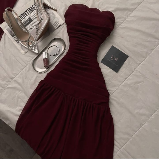 Burgundy A Line Strapless Chiffon Long Prom Dress,Party Dress,Formal Evening Dress GG4211