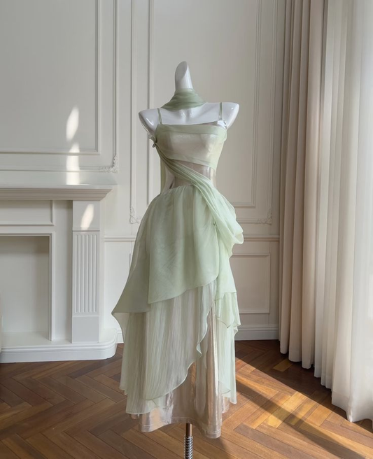 Unique A Line Spaghetti Straps Satin Chiffon Long Prom Dress,Party Dress,Formal Evening Dress GG4213