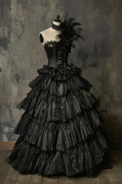 Gorgeous Ball Gown Strapless Black Satin Lace Tiered Long Prom Dress,Party Dress,Formal Evening Dress GG4217