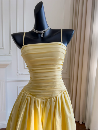 Classy Yellow A Line Spaghetti Straps Satin Pleated Long Prom Dress,Party Dress,Formal Evening Dress GG4219