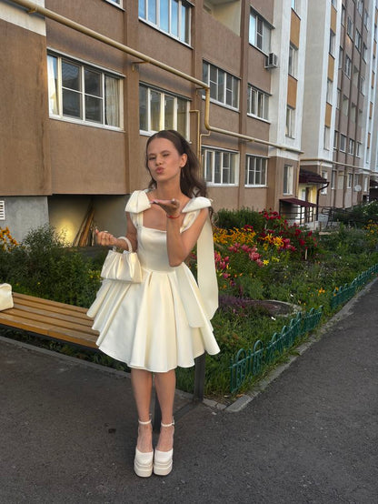 Elegant A Line Square Satin With Bow Straps Short Homecoming Dress,Summer 16th Birthday Dress GG4223