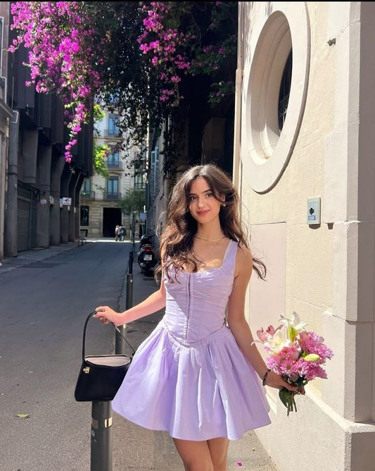 Pretty Lilac Low Collar A Line Satin Short Homecoming Dress,Summer 20th Birthday Dress GG4232