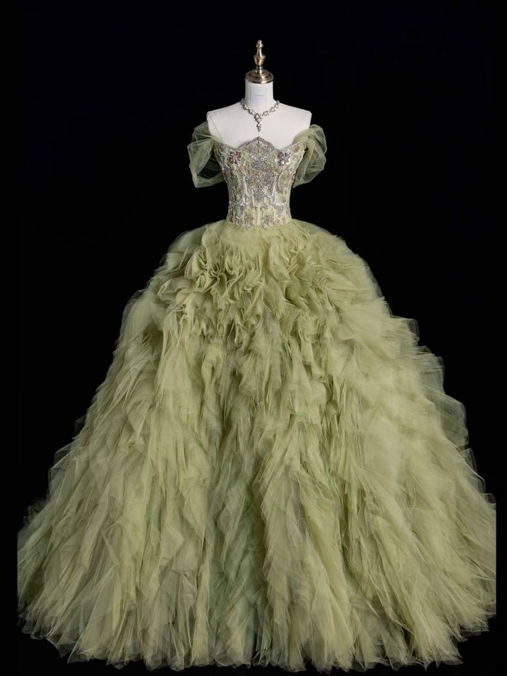 Exquisite Ball Gown Off The Shoulder Sequin Green Tulle Long Prom Dress, Evening Dress GG424