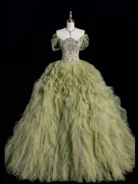 Exquisite Ball Gown Off The Shoulder Sequin Green Tulle Long Prom Dress, Evening Dress GG424