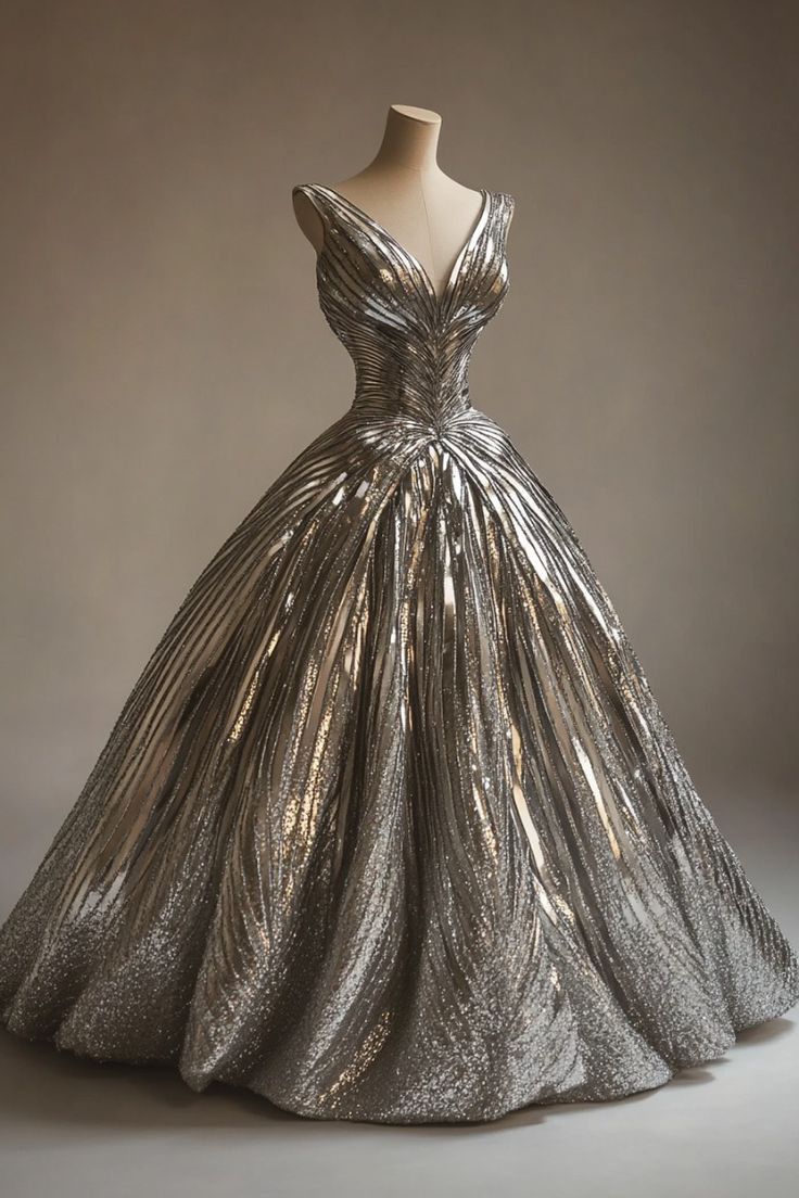 Glitter Ball Gown V Neck Silver Satin Long Prom Dress, Evening Dress GG425