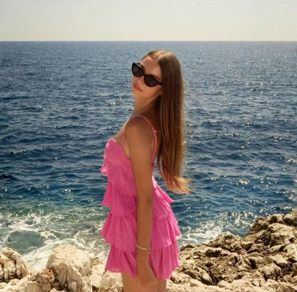 Hot Pink A Line Spaghetti Straps Satin Tiered Short Homecoming Dress,Summer 18th Birthday Dress GG4257