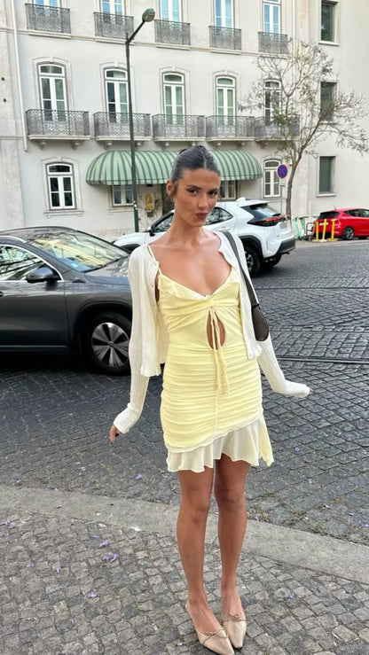 Classy Mermaid Spaghetti Straps Pastel Yellow Chiffon Hollow Pleated Short Homecoming Dress,Summer 20th Birthday Dress GG4260