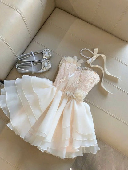 Sweet Ball Gown Strapless Satin Chiffon Applique Short Homecoming Dress,Summer 16th Birthday Dress GG4266