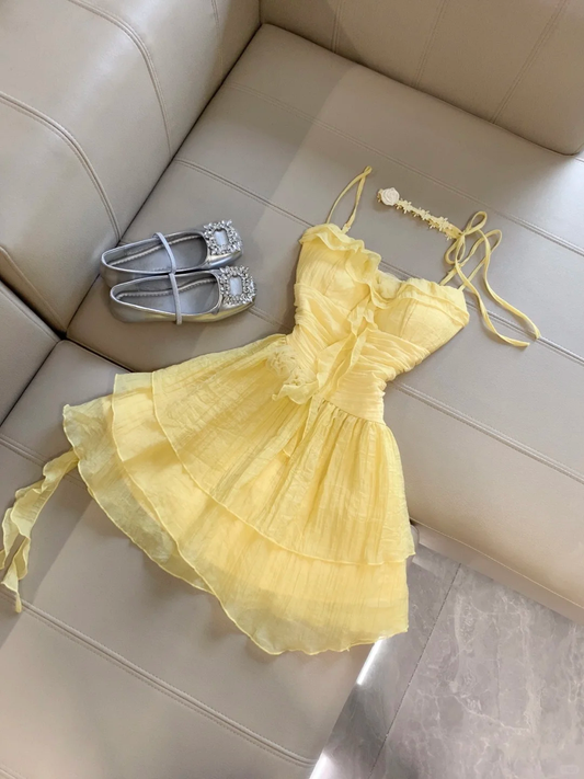 Yellow A Line Spaghetti Straps Satin Ruffles Short Homecoming Dress,Summer 17th Birthday Dress GG4277
