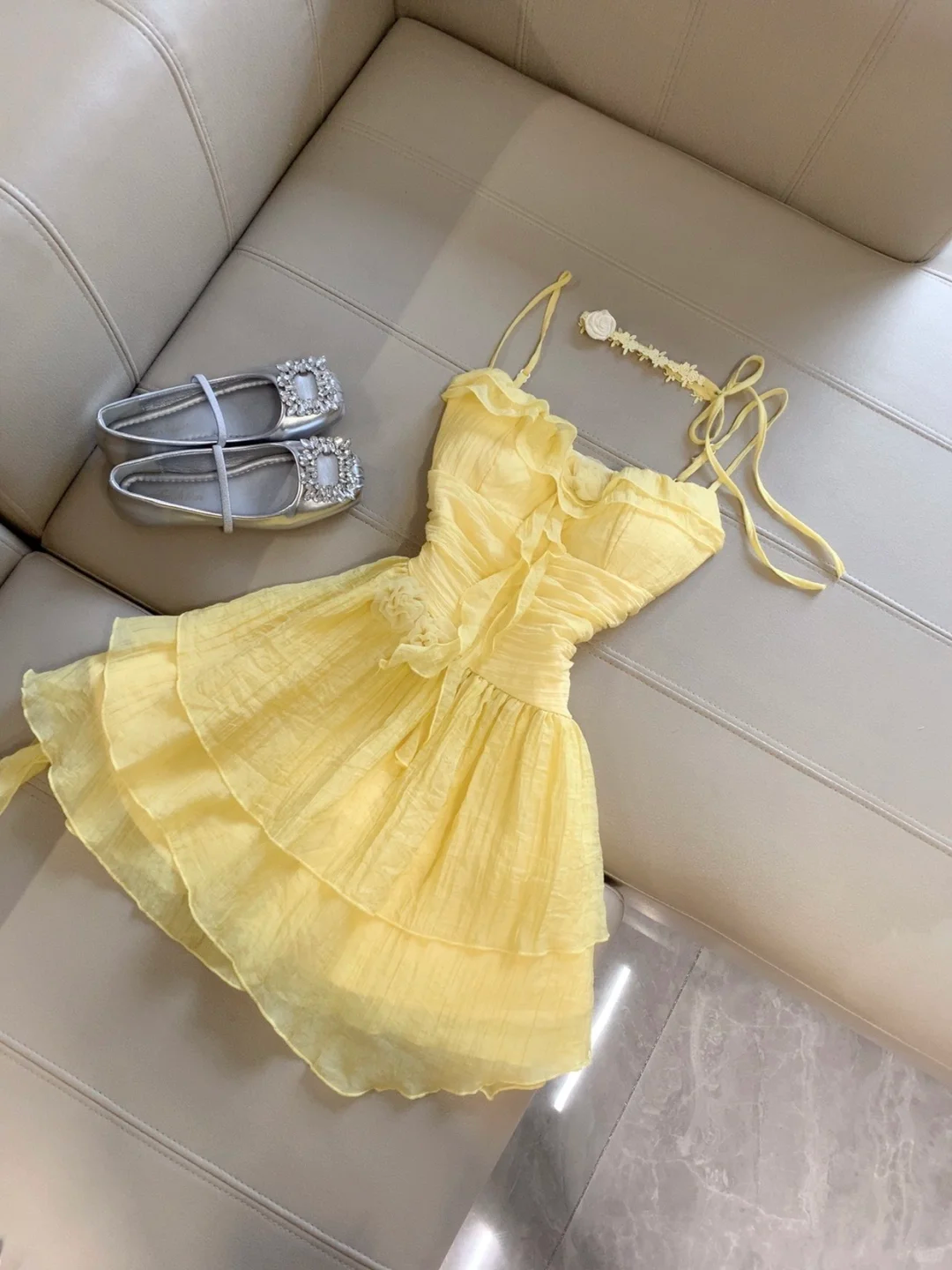Yellow A Line Spaghetti Straps Satin Ruffles Short Homecoming Dress,Summer 17th Birthday Dress GG4277