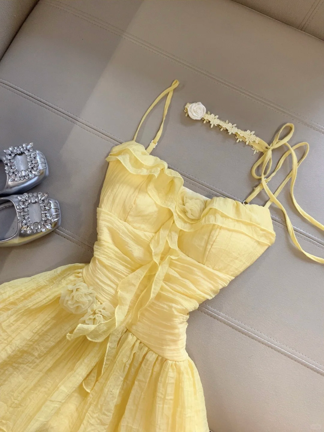 Yellow A Line Spaghetti Straps Satin Ruffles Short Homecoming Dress,Summer 17th Birthday Dress GG4277