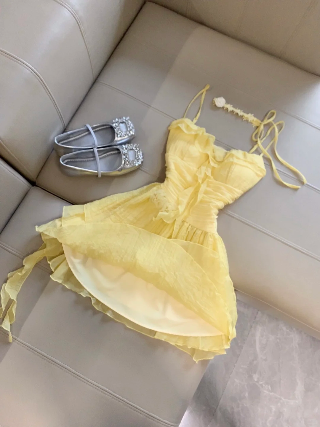 Yellow A Line Spaghetti Straps Satin Ruffles Short Homecoming Dress,Summer 17th Birthday Dress GG4277