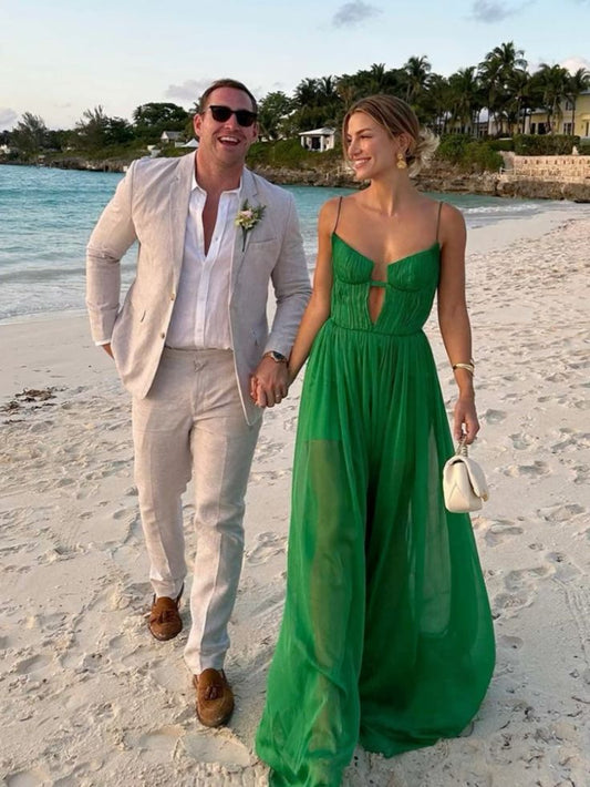 Green A Line Spaghetti Straps Satin Chiffon Long Prom Dress,Party Dress,Formal Evening Dress GG4283