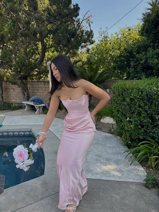Simple Mermaid Strapless Pink Satin Long Prom Dress,Party Dress,Formal Evening Dress GG4288