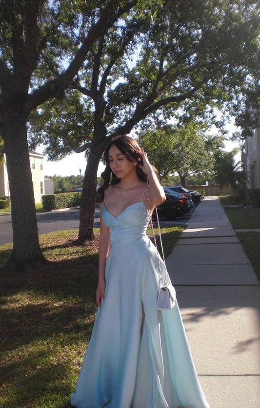 Pale Blue A Line Spaghetti Straps Satin Slit Long Prom Dress,Party Dress,Formal Evening Dress GG4289