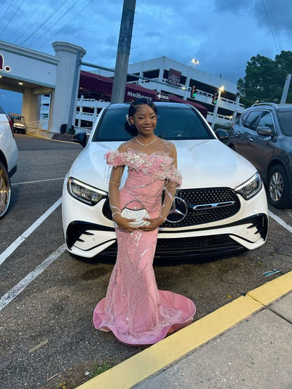 Gorgeous Mermaid Off The Shoulder Satin Sequin Beads Long Prom Dress,Party Dress,Formal Evening Dress GG4292