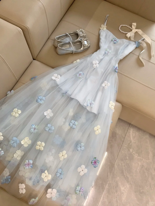 Pretty A Line Spaghetti Straps Satin Tulle Applique Long Prom Dress,Party Dress,Formal Evening Dress GG4294