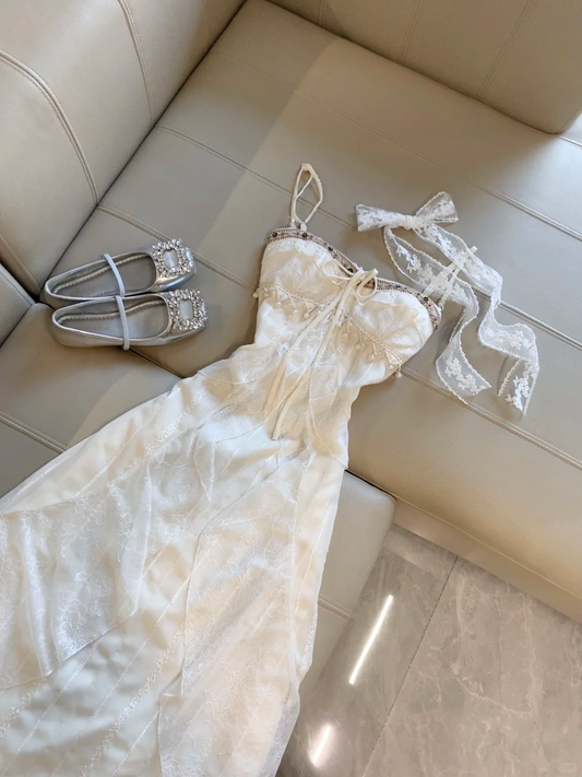 Vintage A Line Spaghetti Straps Satin Lace Long Prom Dress,Party Dress,Formal Evening Dress GG4296